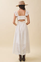 White Embroidered Smocked Cutout Midi Dress