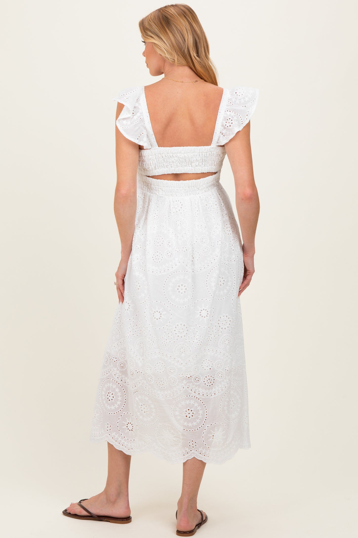 white embroidered midi dress White Embroidered Smocked Cutout Maternity Midi Dress