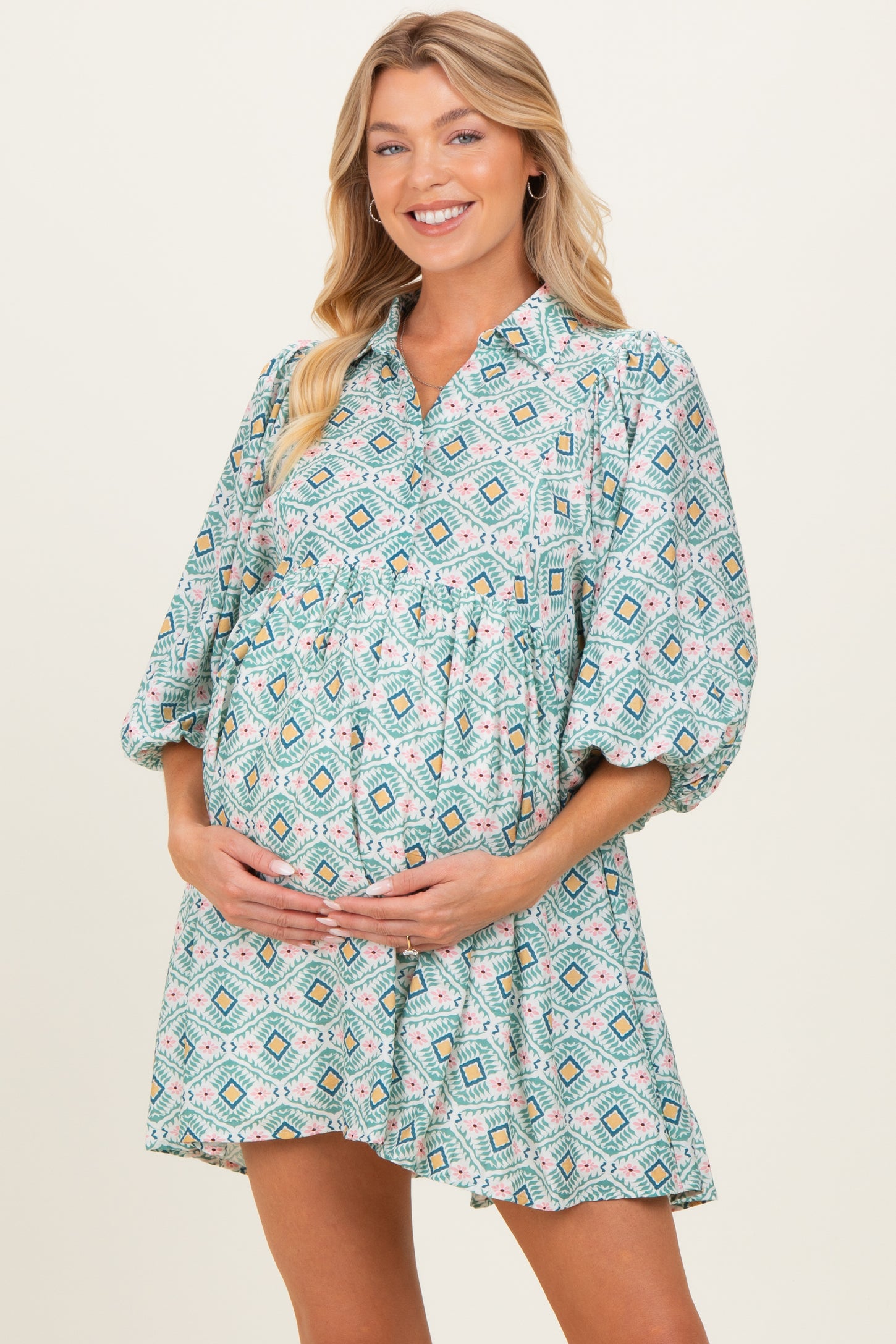 Green Print Collared Balloon Sleeve Maternity Dress