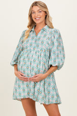 Green Print Collared Balloon Sleeve Maternity Dress