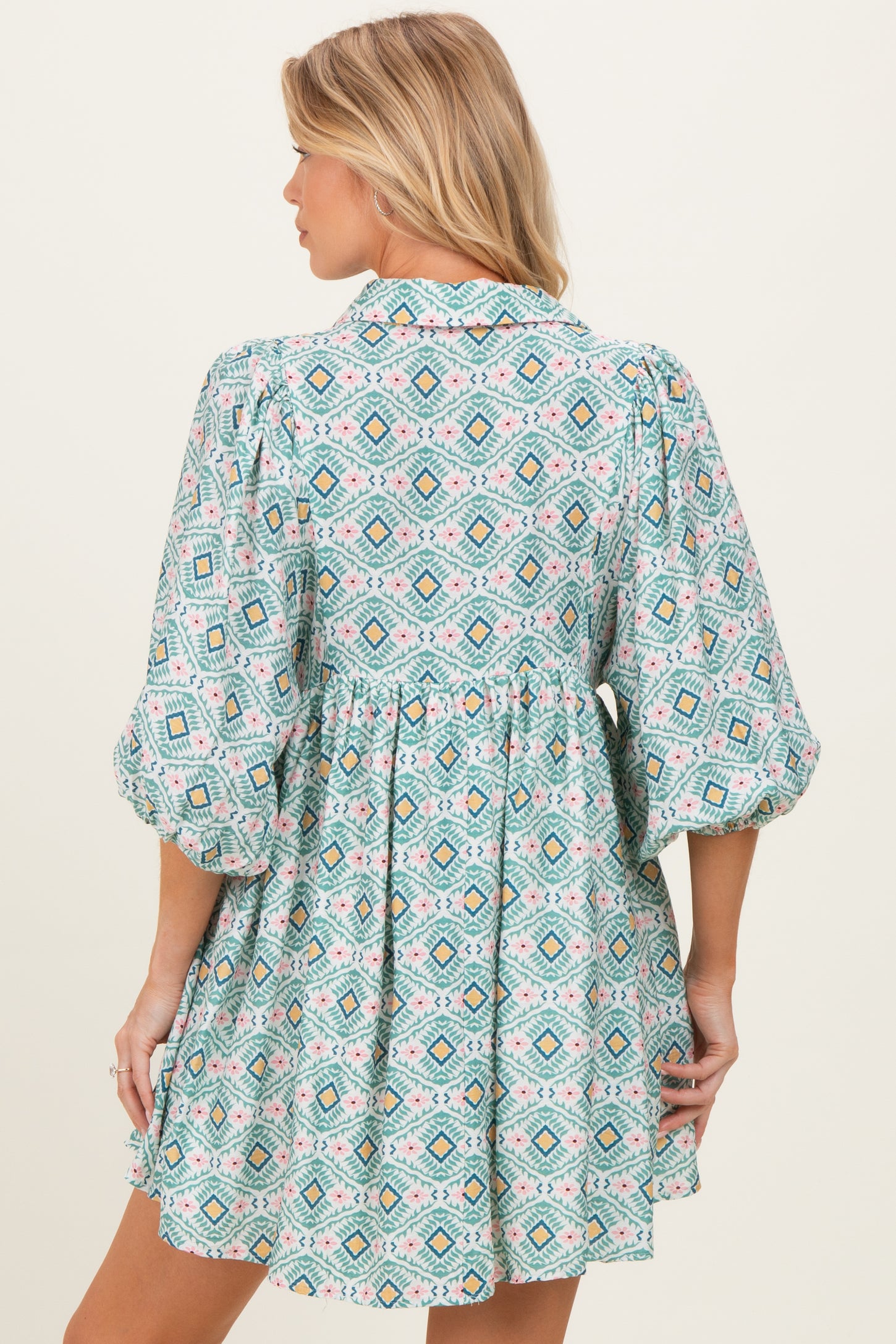 Green Print Collared Balloon Sleeve Maternity Dress