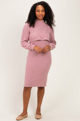 Pink Rib Knit Mock Neck Mock Neck Nursing Dress