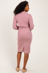 Pink Rib Knit Mock Neck Mock Neck Nursing Dress