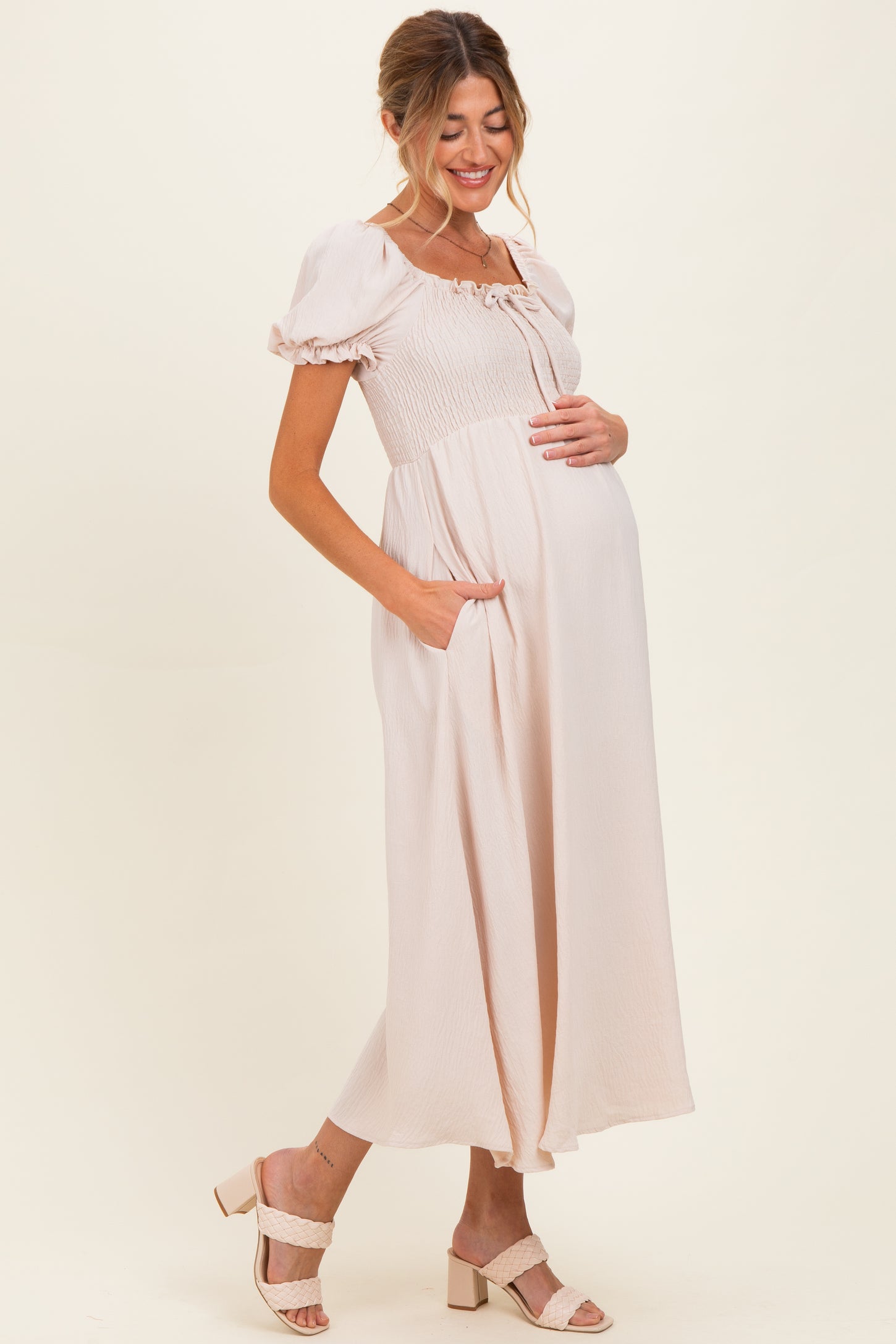 Beige Square Neck Puff Sleeve Maternity Midi Dress PinkBlush Beige Square Neck Puff Sleeve Maternity Midi Dress PinkBlush