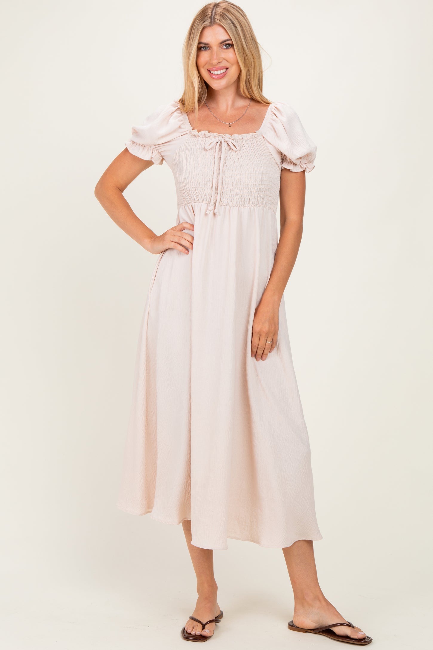 Beige Square Neck Puff Sleeve Maternity Midi Dress
