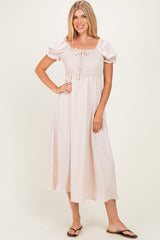 Beige Square Neck Puff Sleeve Maternity Midi Dress