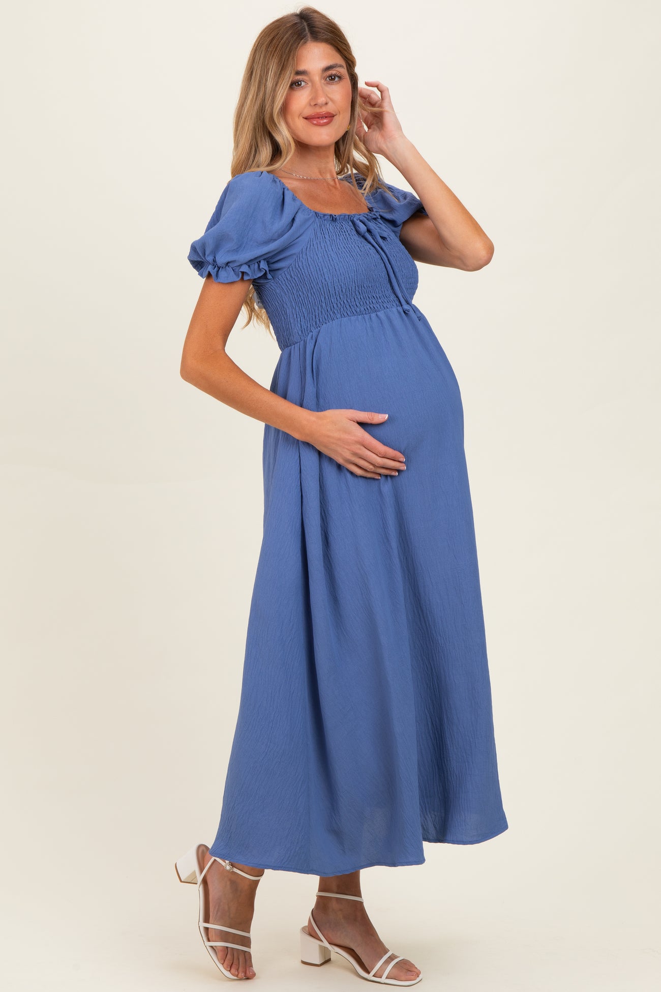 Blue Square Neck Puff Sleeve Maternity Midi Dress
