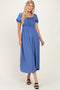 Blue Square Neck Puff Sleeve Midi Dress