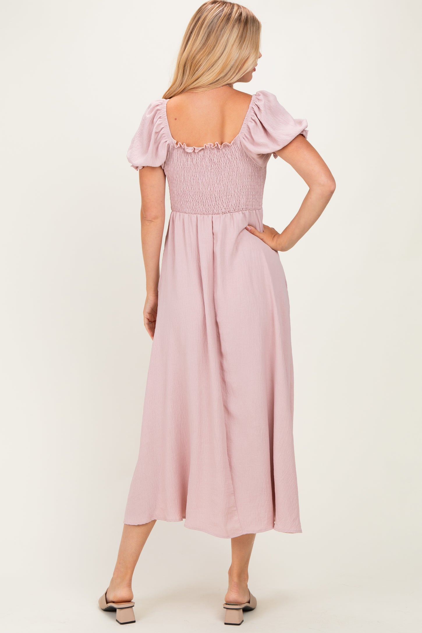 Mauve Square Neck Puff Sleeve Midi Dress