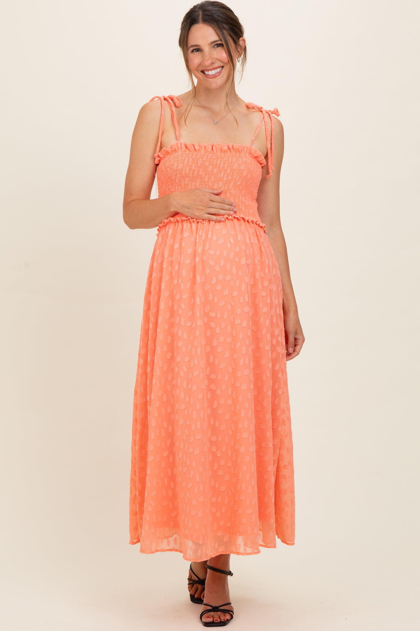 Peach Shoulder Tie Maternity Midi Dress