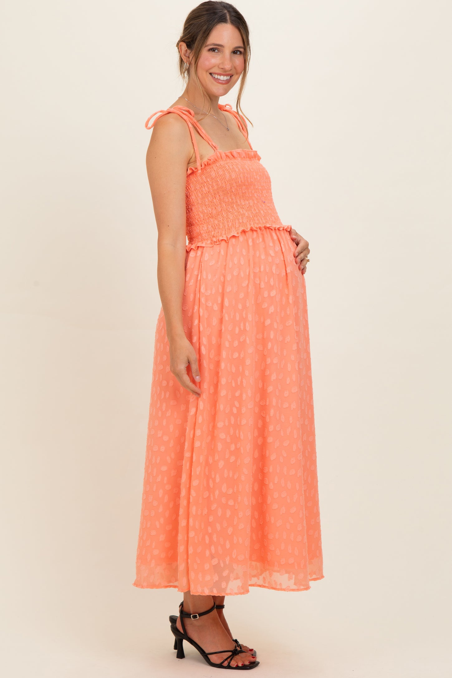 Peach Shoulder Tie Maternity Midi Dress