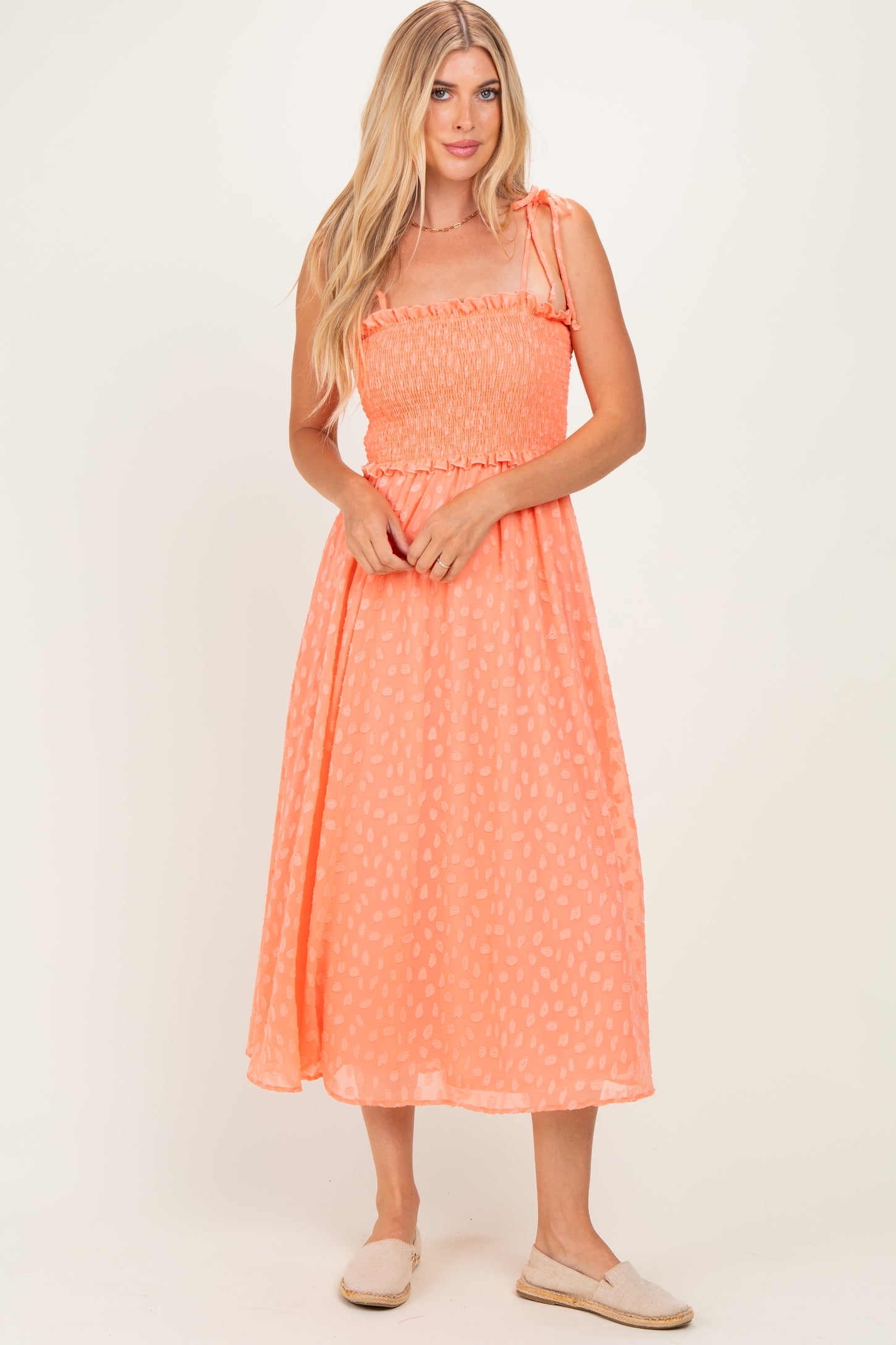 Peach Shoulder Tie Maternity Midi Dress