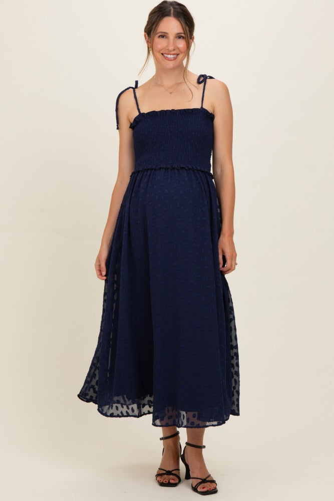 Navy Shoulder Tie Maternity Midi Dress