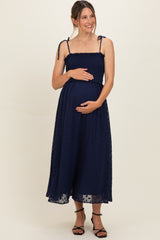 Navy Shoulder Tie Maternity Midi Dress