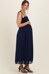Navy Shoulder Tie Maternity Midi Dress