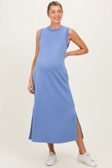 Chambray Blue Sleeveless Maternity Midi Dress