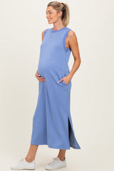 Chambray Blue Sleeveless Maternity Midi Dress