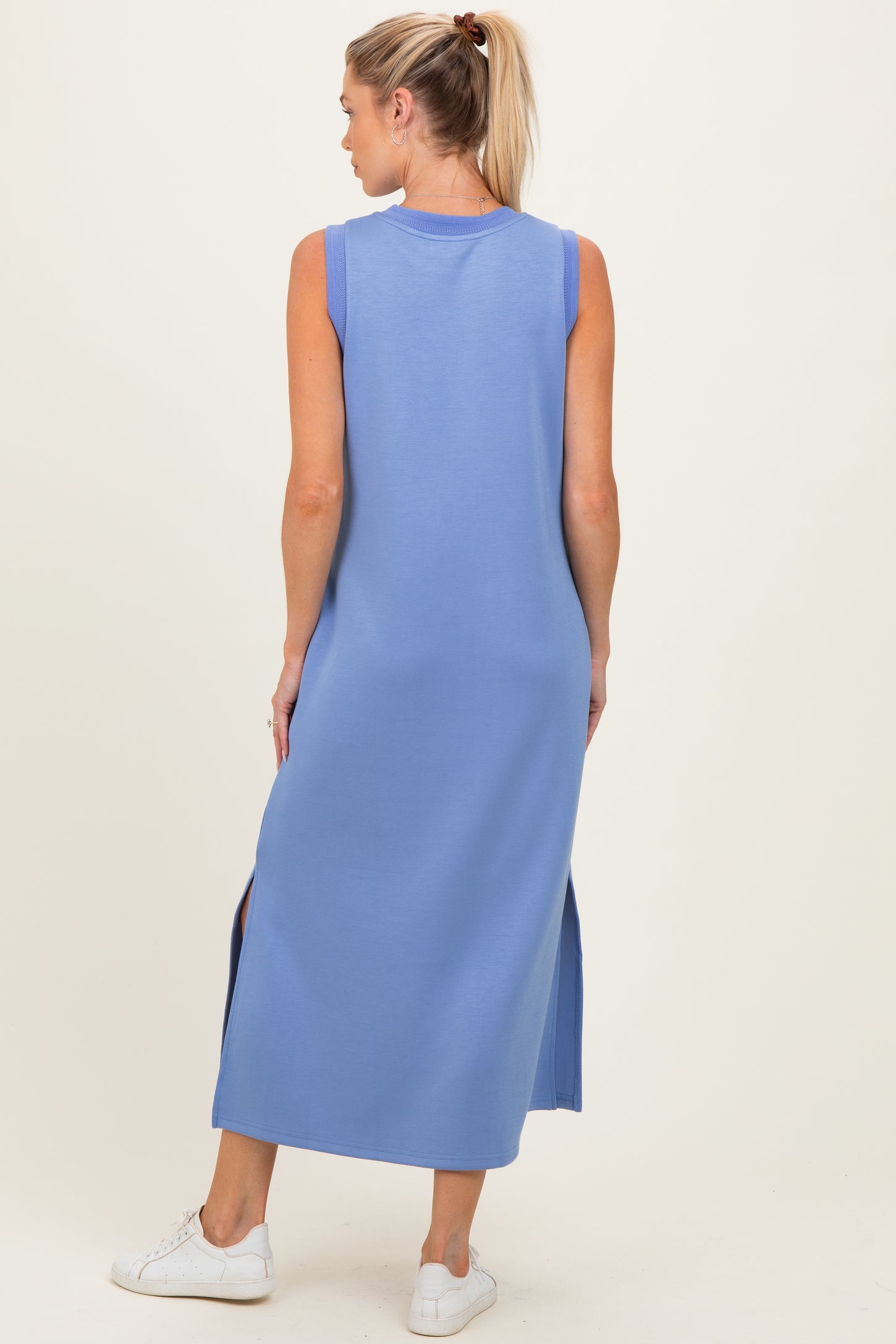 Chambray Blue Sleeveless Maternity Midi Dress