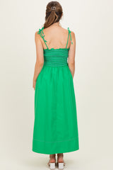 Green Smocked Shoulder Tie Maternity Midi Dress