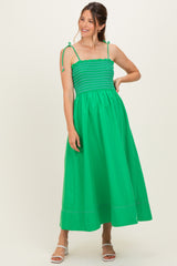 Green Smocked Shoulder Tie Maternity Midi Dress
