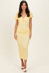 Yellow Knit Twisted Bust Short Sleeve Midi Dress