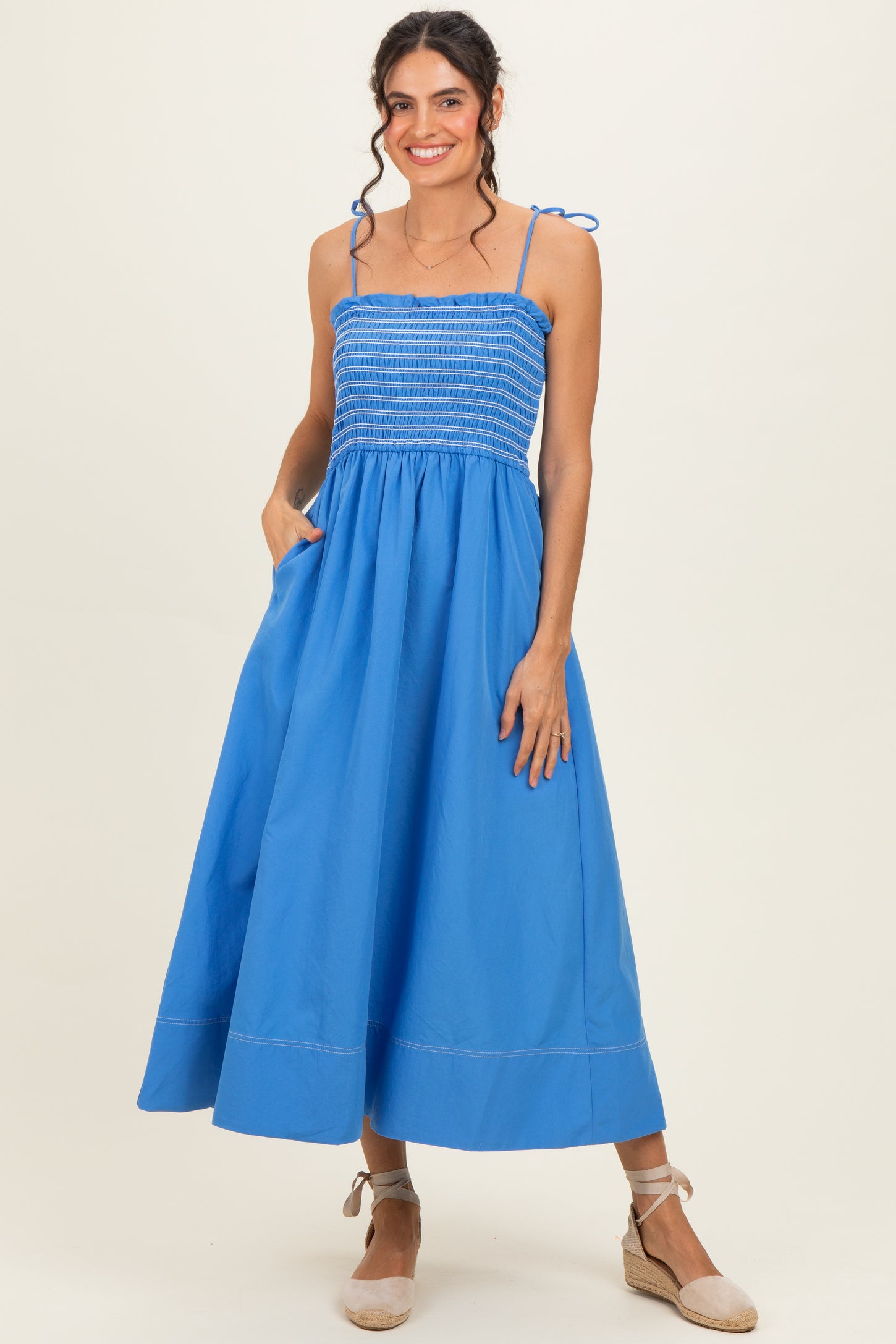 Blue Smocked Shoulder Tie Maternity Midi Dress