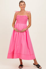 Pink Smocked Shoulder Tie Maternity Midi Dress