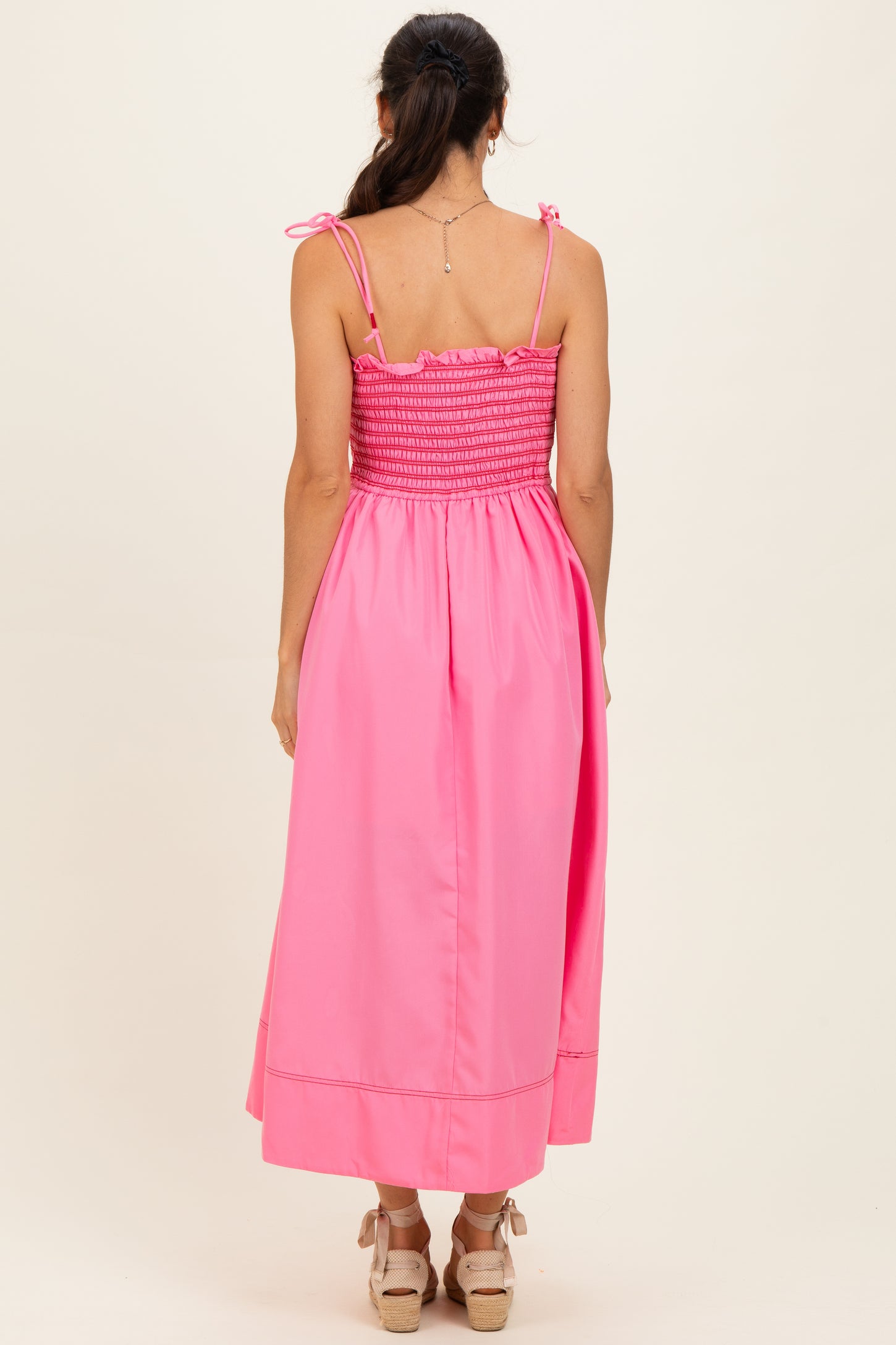 smocked silk midi dress Pink Smocked Shoulder Tie Midi Dress