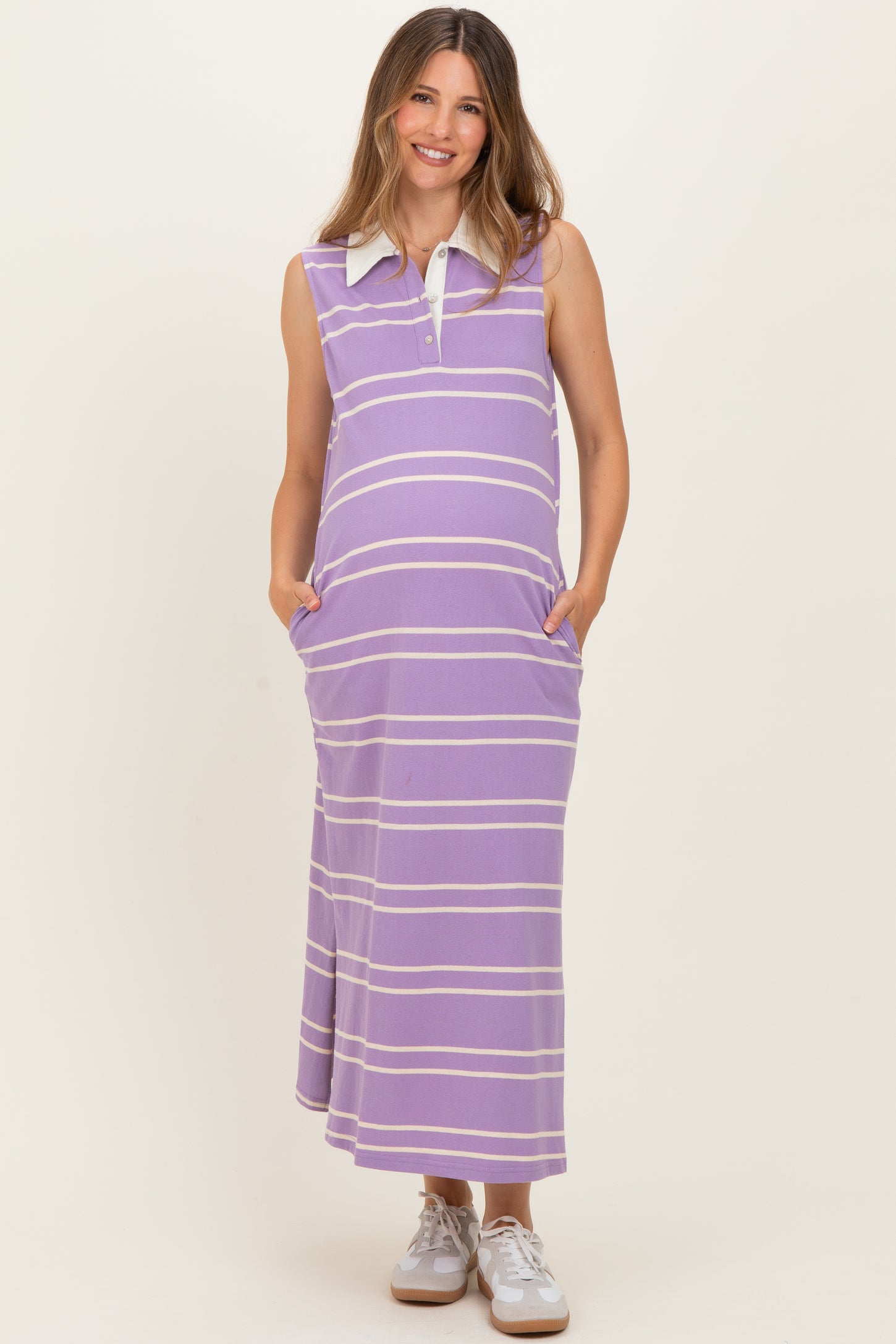 Lavender Striped Sleeveless Collared Maternity Midi Dress