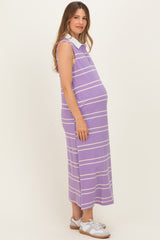 Lavender Striped Sleeveless Collared Maternity Midi Dress