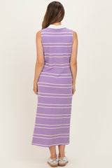 Lavender Striped Sleeveless Collared Maternity Midi Dress