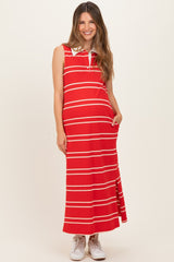 Red Striped Sleeveless Collared Maternity Midi Dress
