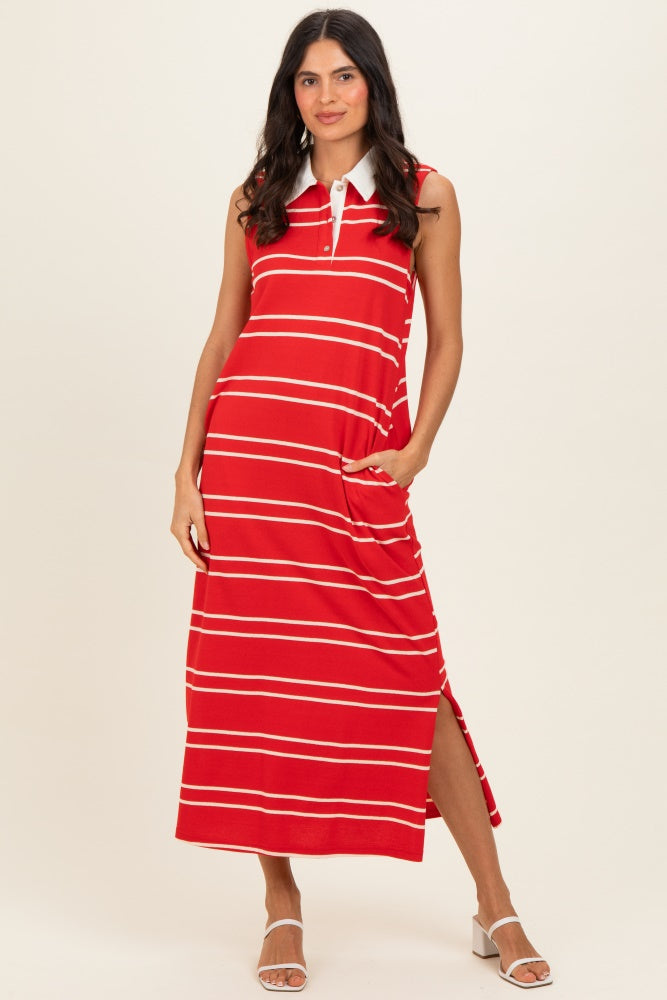 sleeveless collared midi dress Red Striped Sleeveless Collared Midi Dress