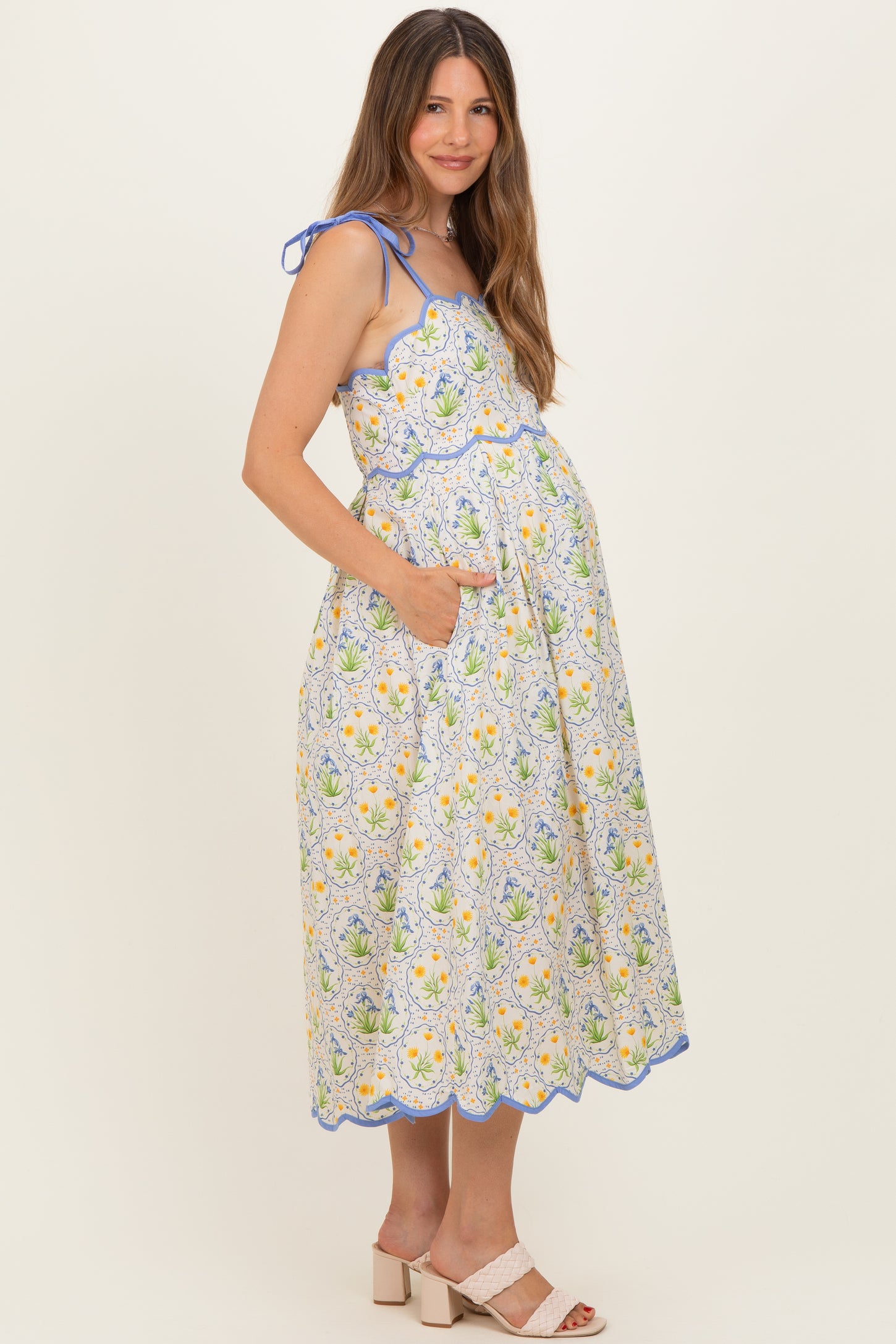 Blue Floral Scallop Accent Shoulder Tie Maternity Midi Dress – PinkBlush