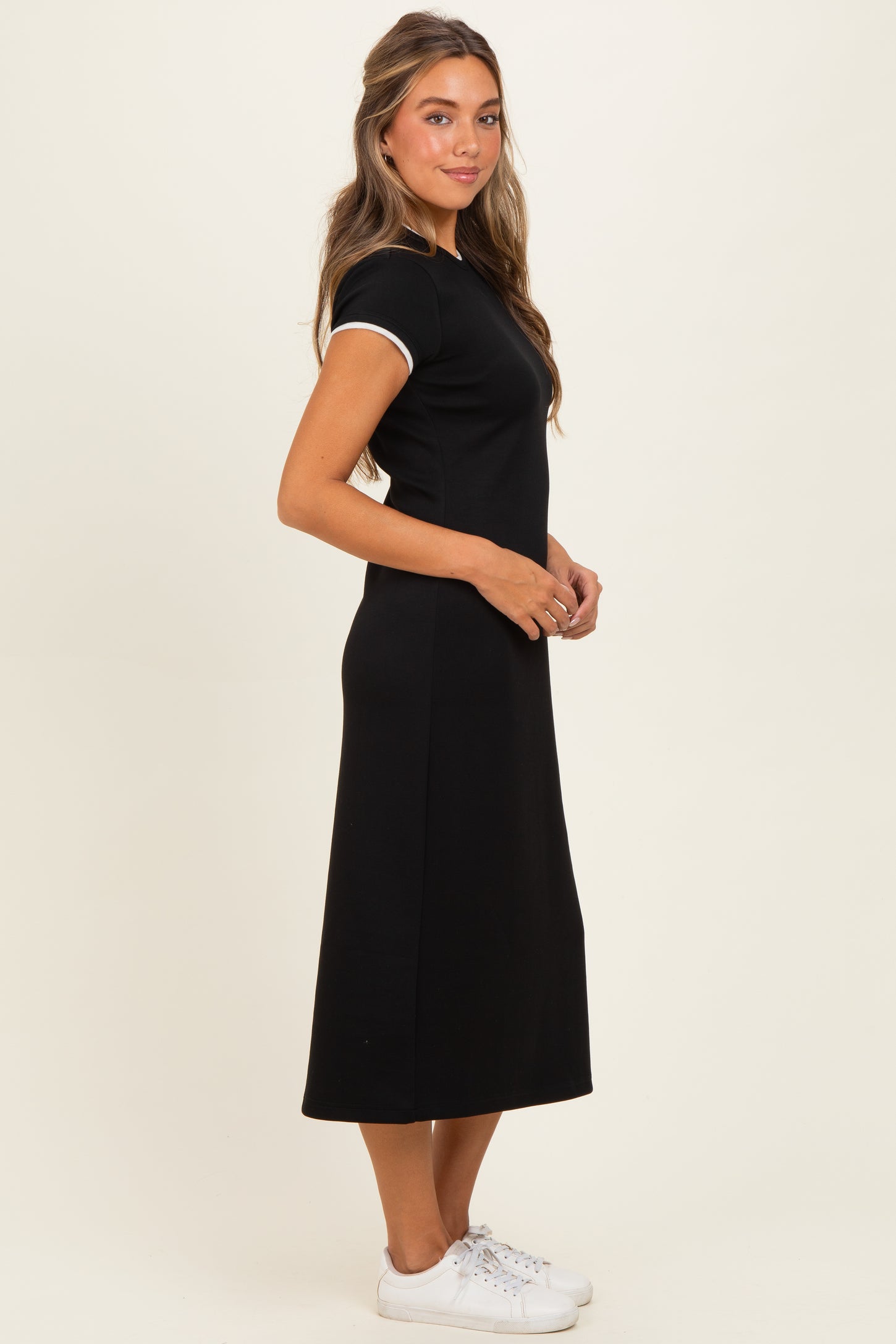 contrast trim midi dress Black Contrast Trim Short Sleeve Midi Dress