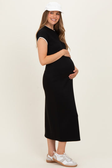 Black Contrast Trim Short Sleeve Maternity Midi Dress