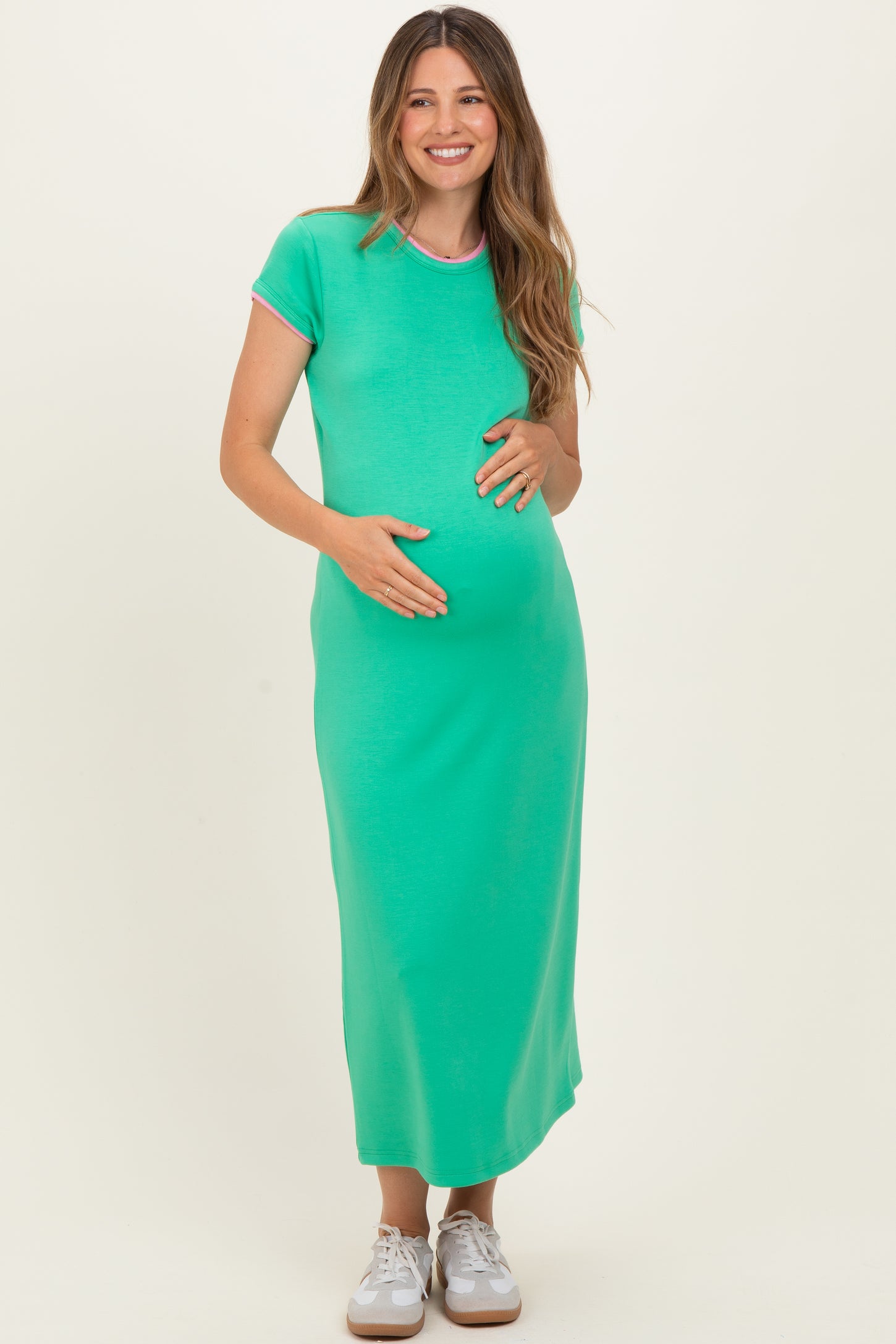 Green Contrast Trim Short Sleeve Maternity Midi Dress