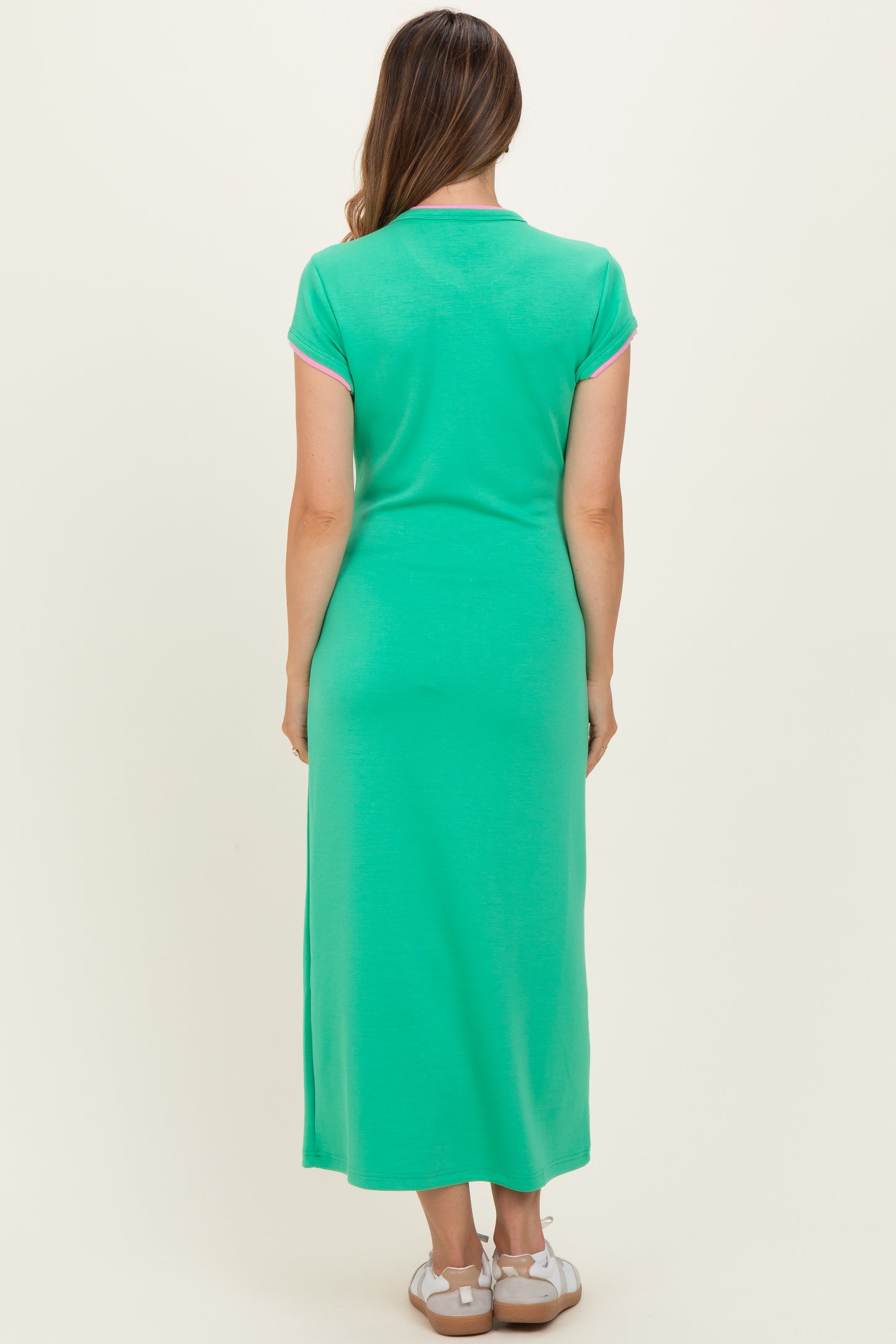 Green Contrast Trim Short Sleeve Maternity Midi Dress