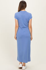 Chambray Blue Contrast Trim Short Sleeve Maternity Midi Dress