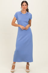 Chambray Blue Contrast Trim Short Sleeve Midi Dress