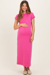 Fuchsia Contrast Trim Short Sleeve Maternity Midi Dress