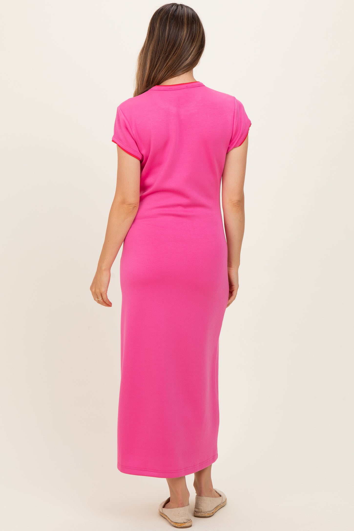Fuchsia Contrast Trim Short Sleeve Maternity Midi Dress