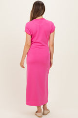 Fuchsia Contrast Trim Short Sleeve Maternity Midi Dress