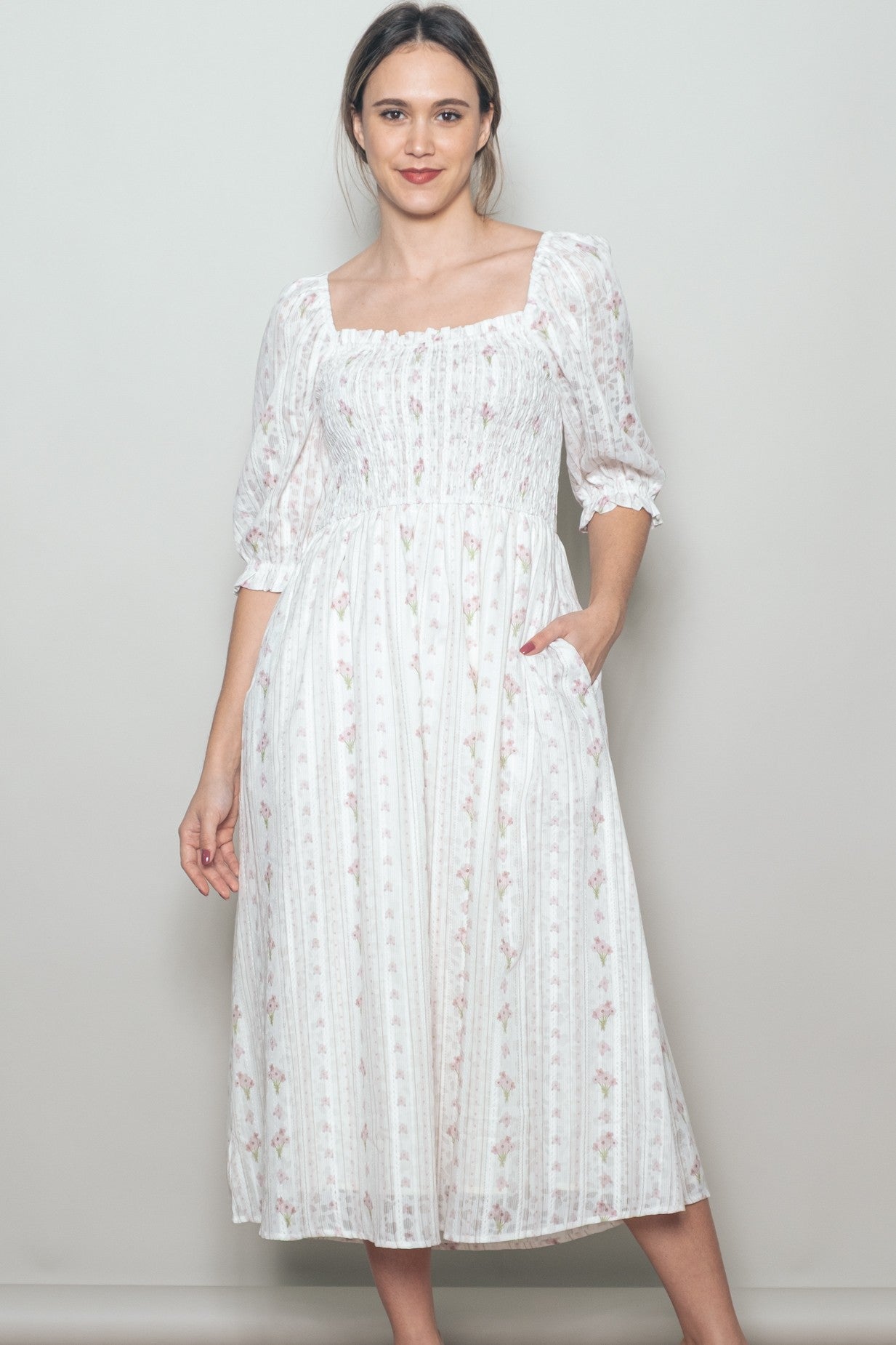 Cream Floral Smocked Midi Dress
