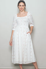 Cream Floral Smocked Midi Dress