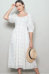 Cream Floral Smocked Midi Dress