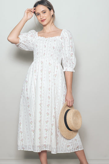 Cream Floral Smocked Midi Dress