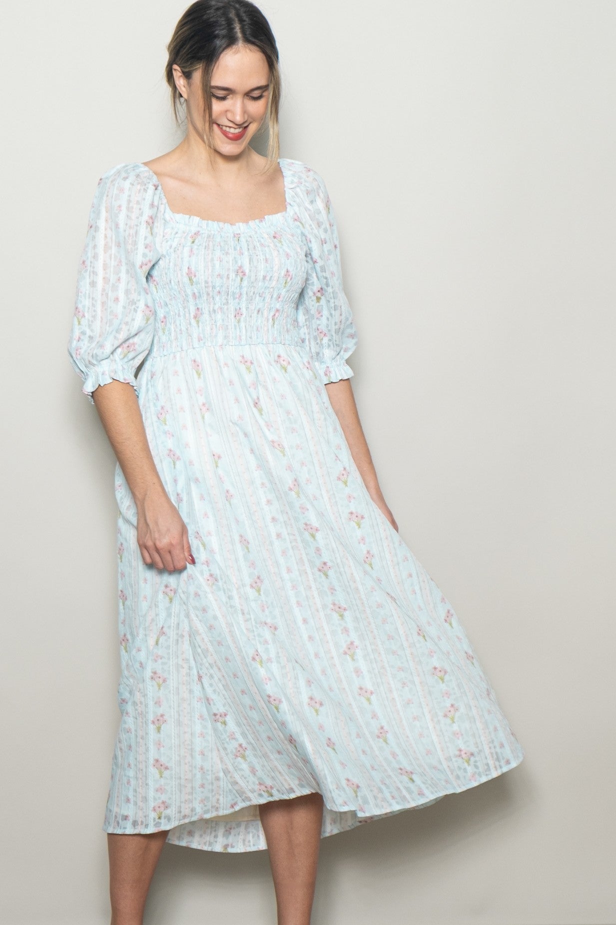 blue floral smock midi dress Light Smocked Color:Cameo Pink & Ibis Rose CURVE quarter sleeves ending in Red Cocktail Dress Buying
