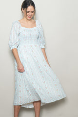 Light Blue Floral Smocked Midi Dress