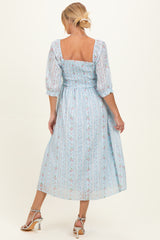 Light Blue Floral Smocked Maternity Midi Dress